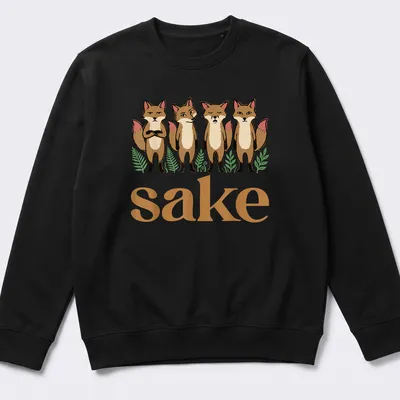 Cartoon design with four playful foxes and the text 'sake' in brown, cream, green, and pink. — printed on a unisex sweatshirt