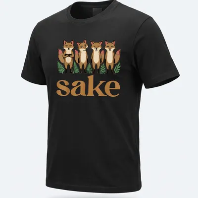 Cartoon design with four playful foxes and the text 'sake' in brown, cream, green, and pink.