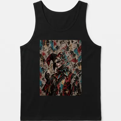 Surrealistic fractured harlequin design with vibrant colors and emotional depth — printed on a tank top