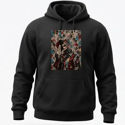 Surrealistic fractured harlequin design with vibrant colors and emotional depth — printed on a unisex hoodie
