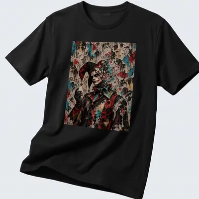 Surrealistic fractured harlequin design with vibrant colors and emotional depth