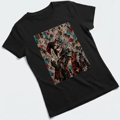Surrealistic fractured harlequin design with vibrant colors and emotional depth — printed on a women's shirt