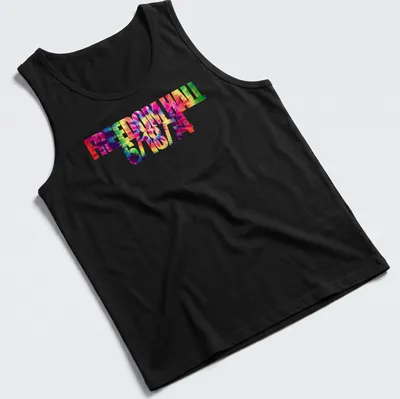 Colorful tie-dye shirt with the printed text 'FREEDOM HALL 6/18/14' — printed on a tank top
