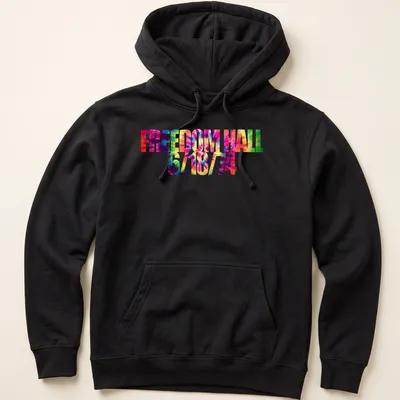 Colorful tie-dye shirt with the printed text 'FREEDOM HALL 6/18/14' — printed on a unisex hoodie