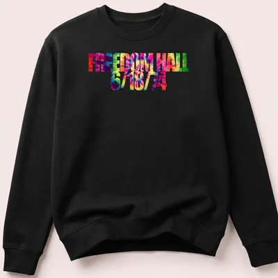 Colorful tie-dye shirt with the printed text 'FREEDOM HALL 6/18/14' — printed on a unisex sweatshirt