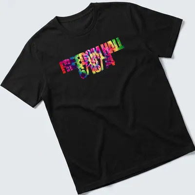 Colorful tie-dye shirt with the printed text 'FREEDOM HALL 6/18/14'