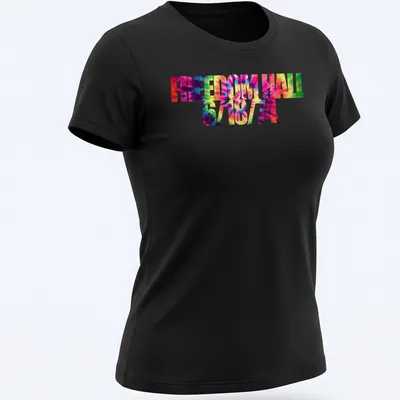 Colorful tie-dye shirt with the printed text 'FREEDOM HALL 6/18/14' — printed on a women's shirt