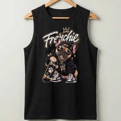 Illustration of a skateboarder French Bulldog with bold 'Frenchie' text in urban style — printed on a tank top
