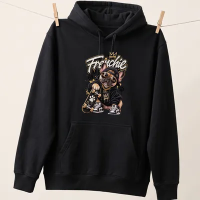 Illustration of a skateboarder French Bulldog with bold 'Frenchie' text in urban style — printed on a unisex hoodie