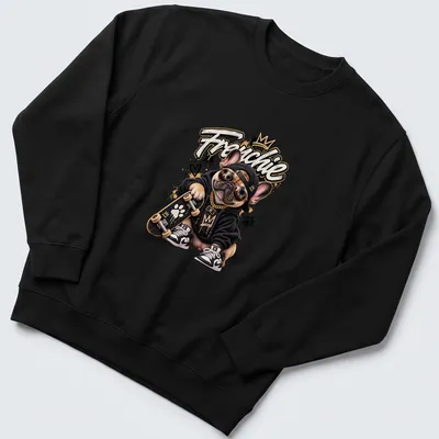 Illustration of a skateboarder French Bulldog with bold 'Frenchie' text in urban style — printed on a unisex sweatshirt
