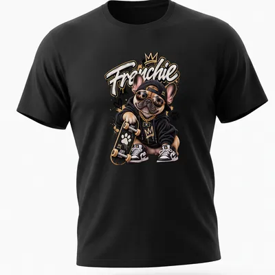 Illustration of a skateboarder French Bulldog with bold 'Frenchie' text in urban style