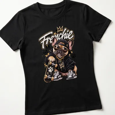 Illustration of a skateboarder French Bulldog with bold 'Frenchie' text in urban style — printed on a women's shirt