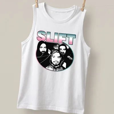 Silhouette of the French rock band SLIFT in black and white with pink and blue accents — printed on a tank top