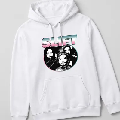 Silhouette of the French rock band SLIFT in black and white with pink and blue accents — printed on a unisex hoodie