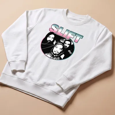 Silhouette of the French rock band SLIFT in black and white with pink and blue accents — printed on a unisex sweatshirt