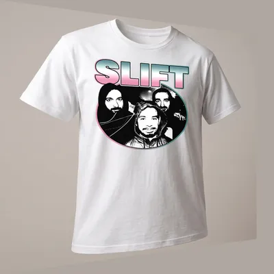 Silhouette of the French rock band SLIFT in black and white with pink and blue accents — printed on a unisex t-shirt (angled view)