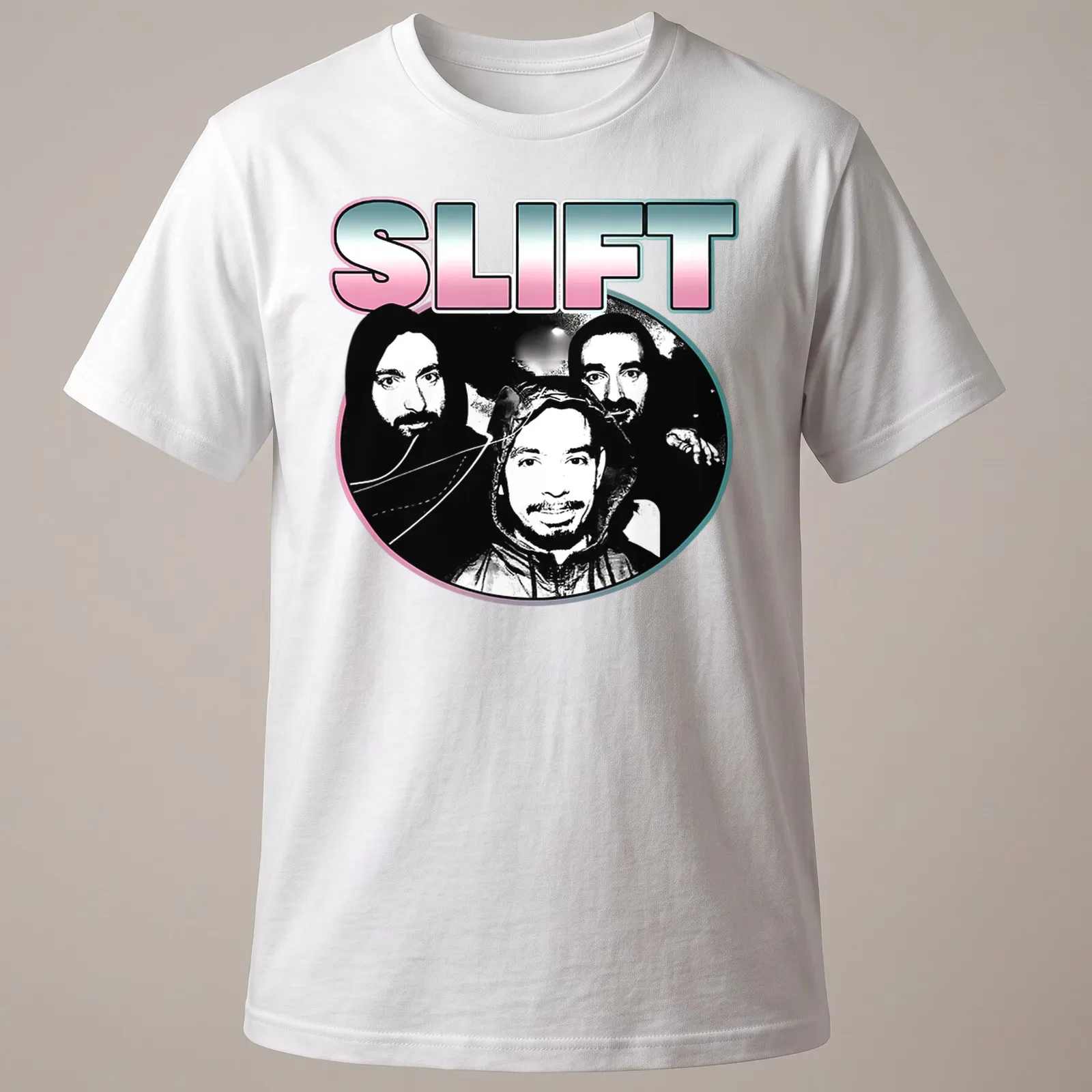Silhouette of the French rock band SLIFT in black and white with pink and blue accents — printed on a unisex t-shirt