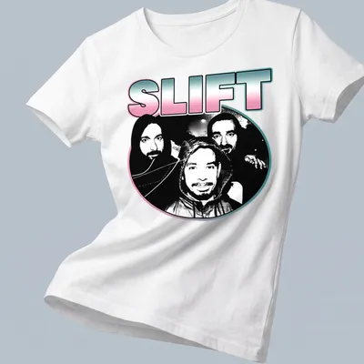 Silhouette of the French rock band SLIFT in black and white with pink and blue accents — printed on a women's shirt