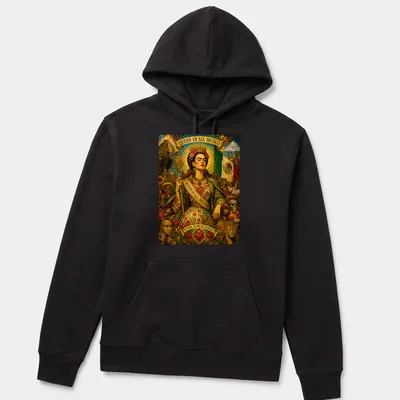 Frida Kahlo graphic in vibrant colors with text about her cultural pride. — printed on a unisex hoodie