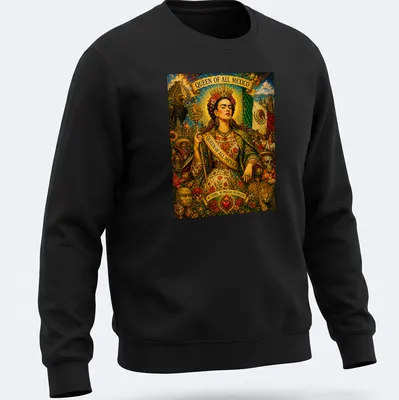 Frida Kahlo graphic in vibrant colors with text about her cultural pride. — printed on a unisex sweatshirt
