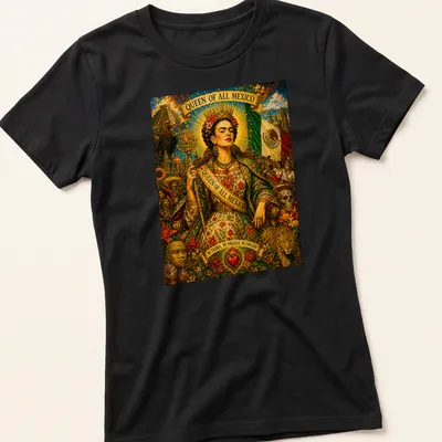 Frida Kahlo graphic in vibrant colors with text about her cultural pride. — printed on a women's shirt