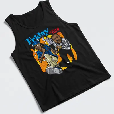 Cartoon-style print featuring characters running, with colorful graphics for Friday the 13th. — printed on a tank top