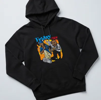 Cartoon-style print featuring characters running, with colorful graphics for Friday the 13th. — printed on a unisex hoodie