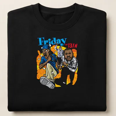 Cartoon-style print featuring characters running, with colorful graphics for Friday the 13th. — printed on a unisex sweatshirt