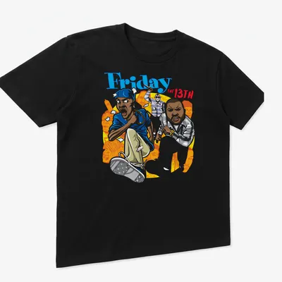 Cartoon-style print featuring characters running, with colorful graphics for Friday the 13th. — printed on a unisex t-shirt (angled view)