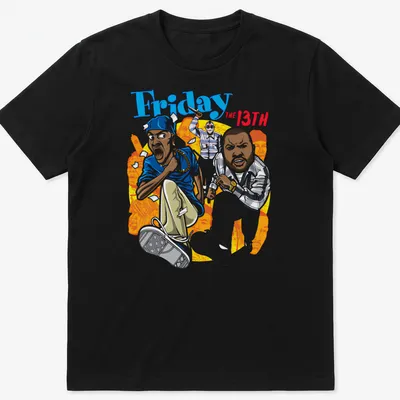 Cartoon-style print featuring characters running, with colorful graphics for Friday the 13th.