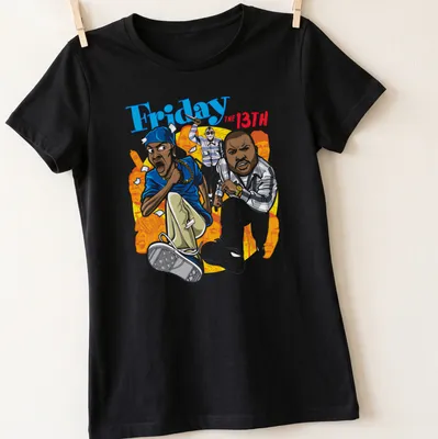 Cartoon-style print featuring characters running, with colorful graphics for Friday the 13th. — printed on a women's shirt