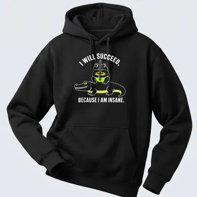 Cartoon frog and crocodile with the text 'I WILL SUCCEED, BECAUSE I AM INSANE.' in bright colors — printed on a unisex hoodie