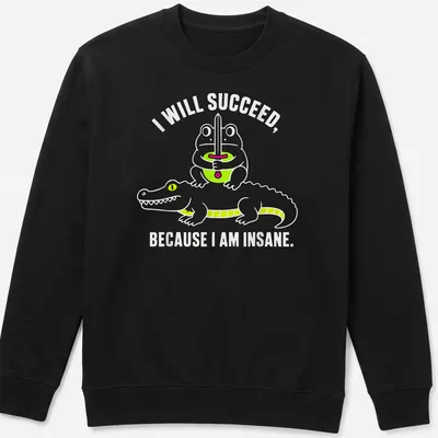 Cartoon frog and crocodile with the text 'I WILL SUCCEED, BECAUSE I AM INSANE.' in bright colors — printed on a unisex sweatshirt