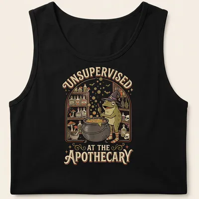 Vintage cartoon frog brewing potion with humorous text about apothecary — printed on a tank top