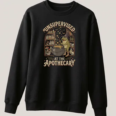 Vintage cartoon frog brewing potion with humorous text about apothecary — printed on a unisex sweatshirt