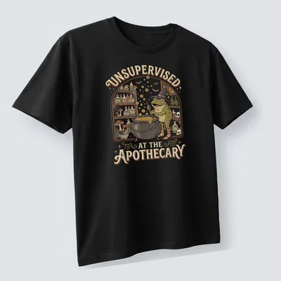 Vintage cartoon frog brewing potion with humorous text about apothecary — printed on a unisex t-shirt (angled view)