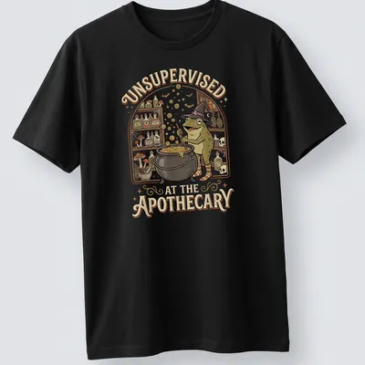 Vintage cartoon frog brewing potion with humorous text about apothecary