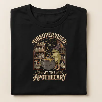 Vintage cartoon frog brewing potion with humorous text about apothecary — printed on a women's shirt