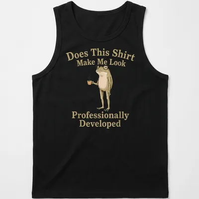 Whimsical illustration of a frog holding a coffee cup with humorous text about professional appearance. — printed on a tank top