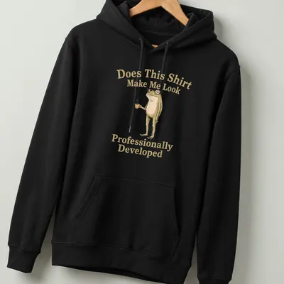 Whimsical illustration of a frog holding a coffee cup with humorous text about professional appearance. — printed on a unisex hoodie