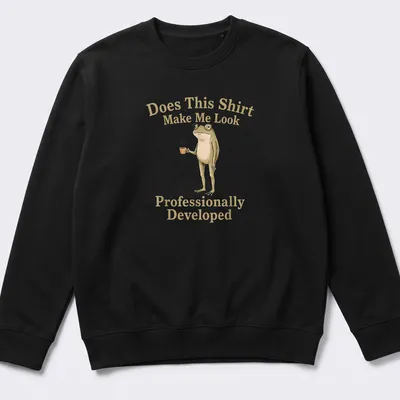 Whimsical illustration of a frog holding a coffee cup with humorous text about professional appearance. — printed on a unisex sweatshirt