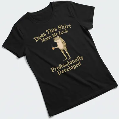 Whimsical illustration of a frog holding a coffee cup with humorous text about professional appearance. — printed on a women's shirt