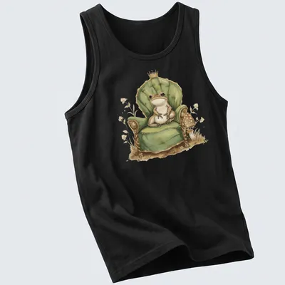 Whimsical illustration of a frog prince in a crown on his throne. — printed on a tank top