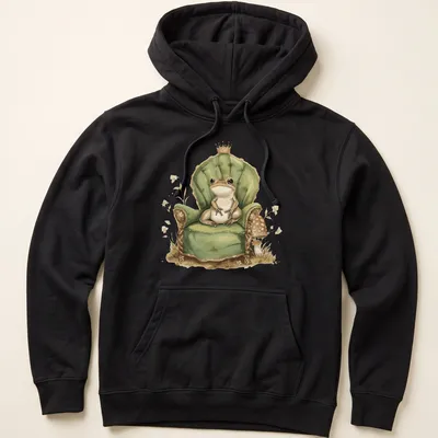 Whimsical illustration of a frog prince in a crown on his throne. — printed on a unisex hoodie