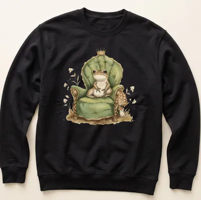Whimsical illustration of a frog prince in a crown on his throne. — printed on a unisex sweatshirt