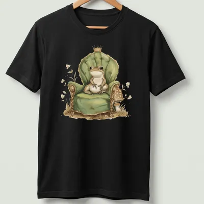 Whimsical illustration of a frog prince in a crown on his throne.