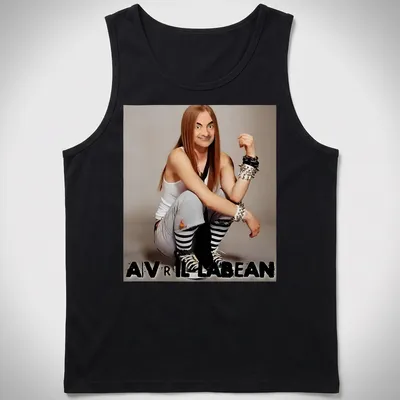 Humorous character resembling Avril Lavigne with a playful expression and bold text — printed on a tank top