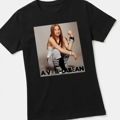 Humorous character resembling Avril Lavigne with a playful expression and bold text — printed on a women's shirt