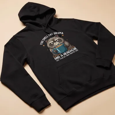 Cartoonish grumpy cat holding a coffee mug with humorous text about drama — printed on a unisex hoodie