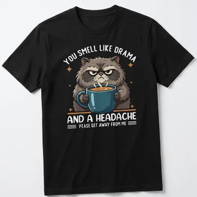 Cartoonish grumpy cat holding a coffee mug with humorous text about drama